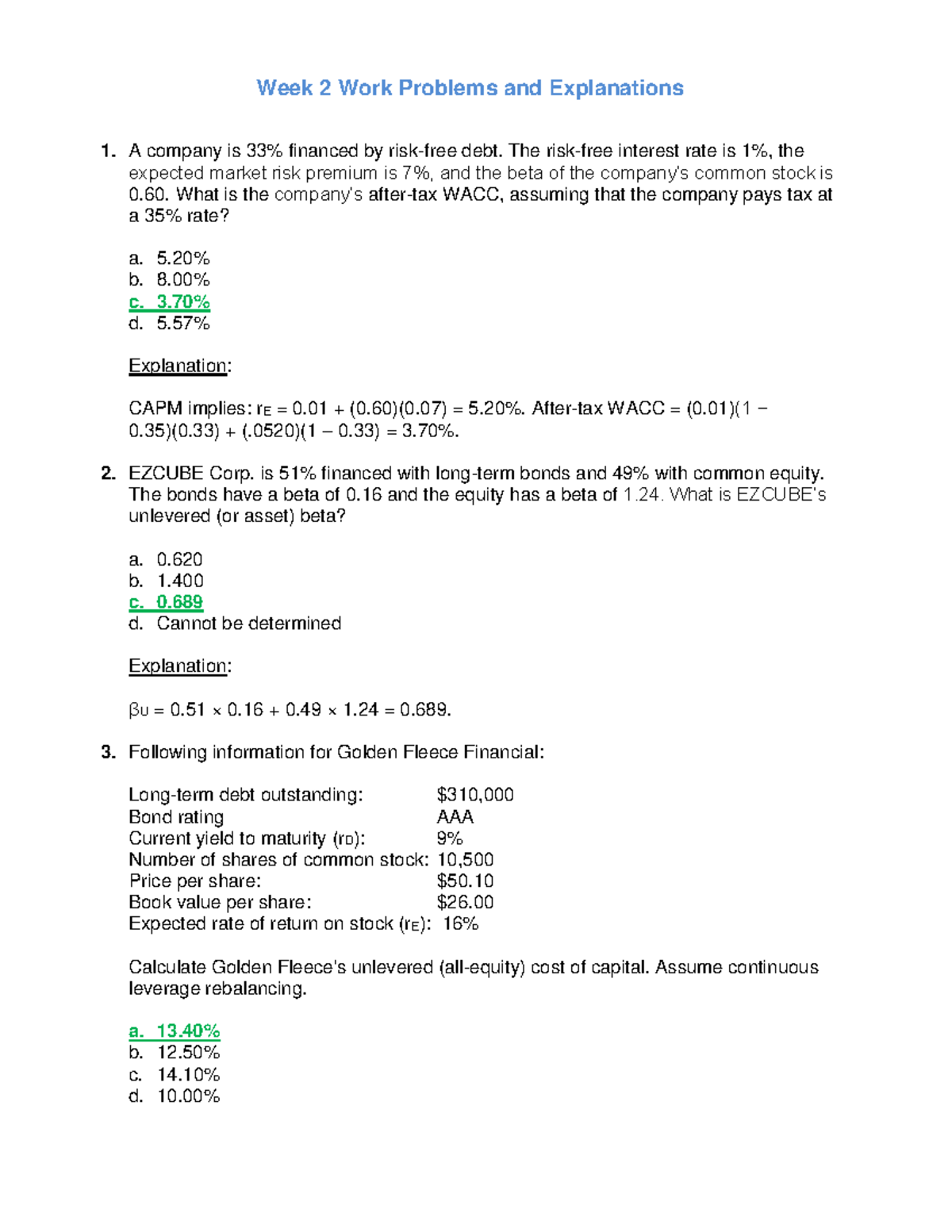 FIN 613 - Week Two - Solutions to Work Problems - 09-16-22 - Week 2 ...