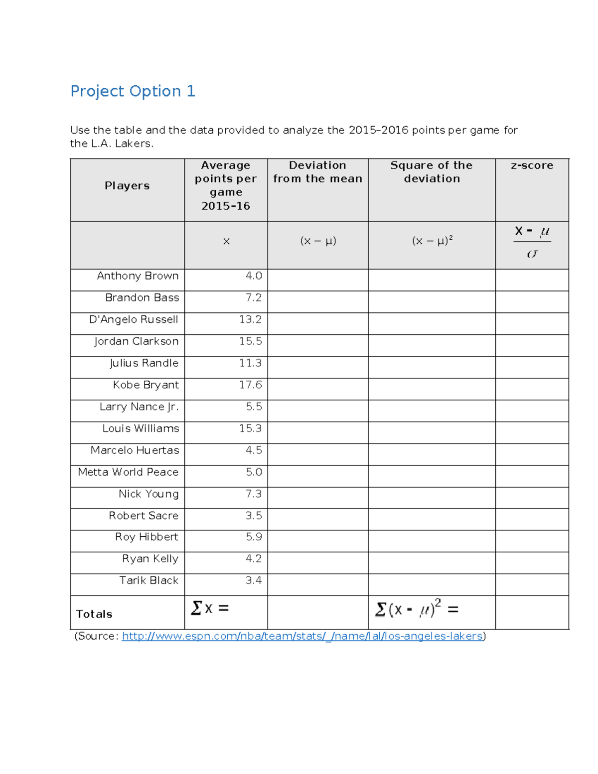 1.05Project Option 1Template 4 - Project Option 1 Use the table and the ...