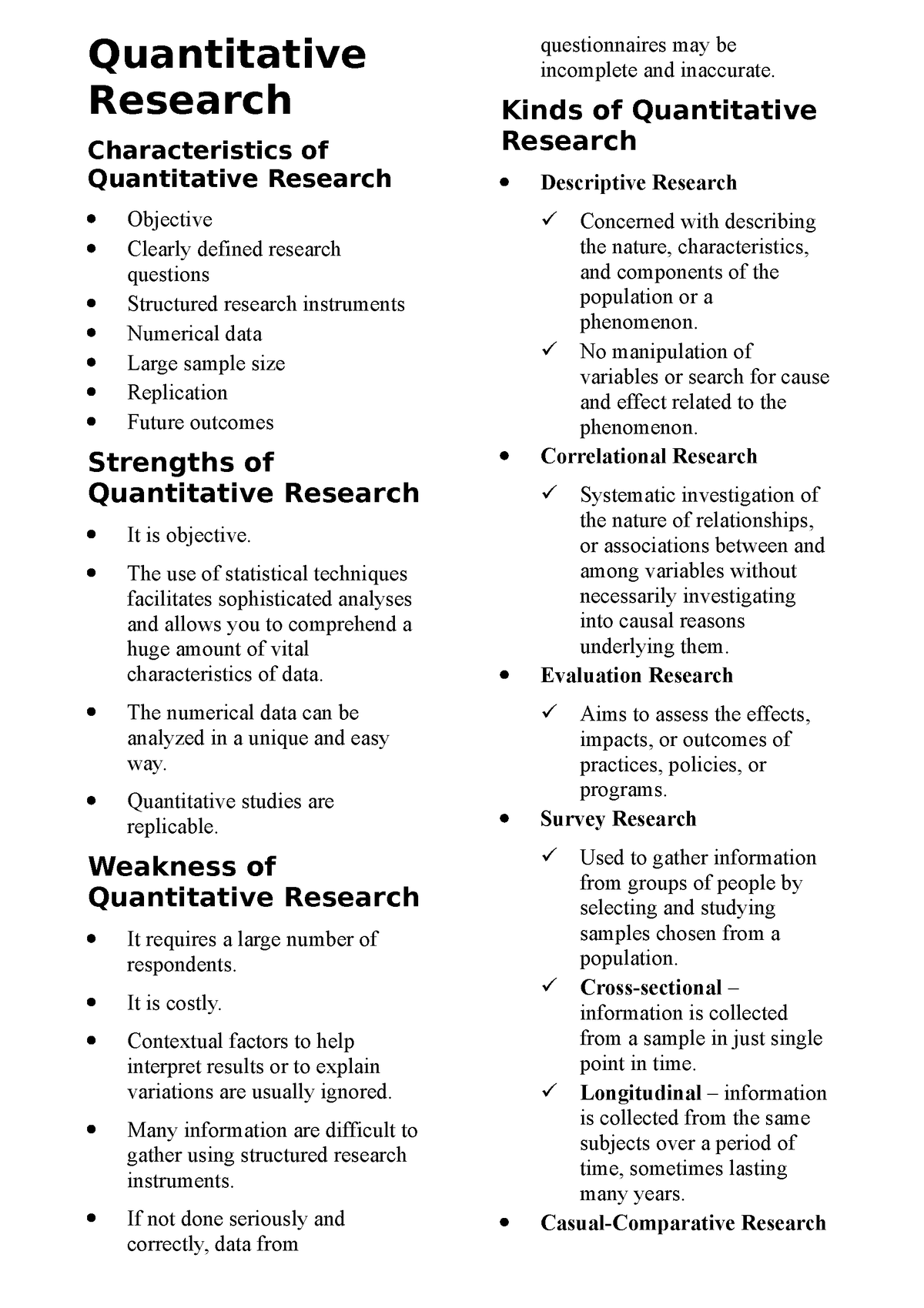 L2 Notes - Quantitative Research Characteristics Of Quantitative 