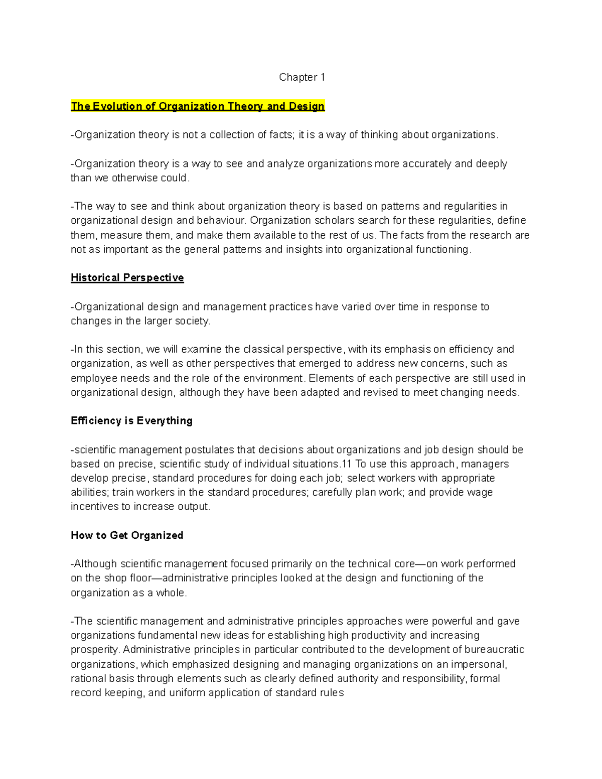 Chapter 1 Notes - Chapter 1 The Evolution of Organization Theory and ...