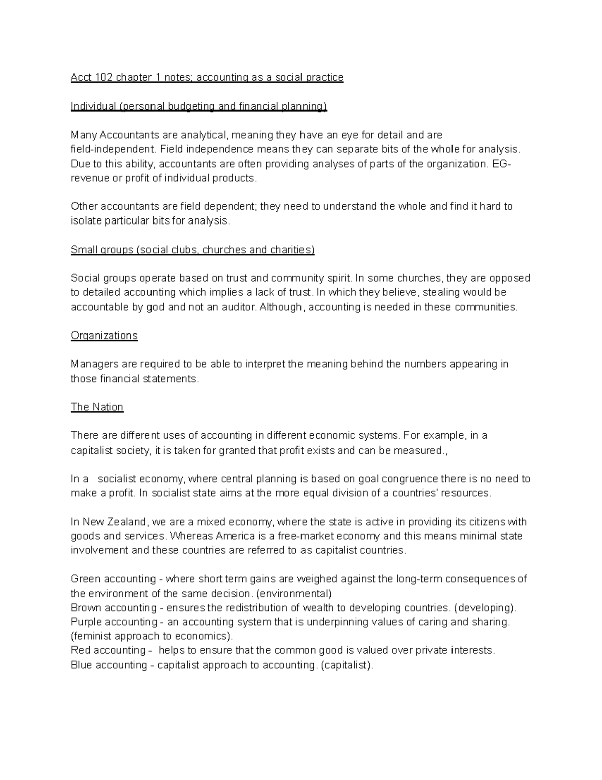 Acctn 102 - reading notes chpt 1 - Acct 102 chapter 1 notes; accounting ...