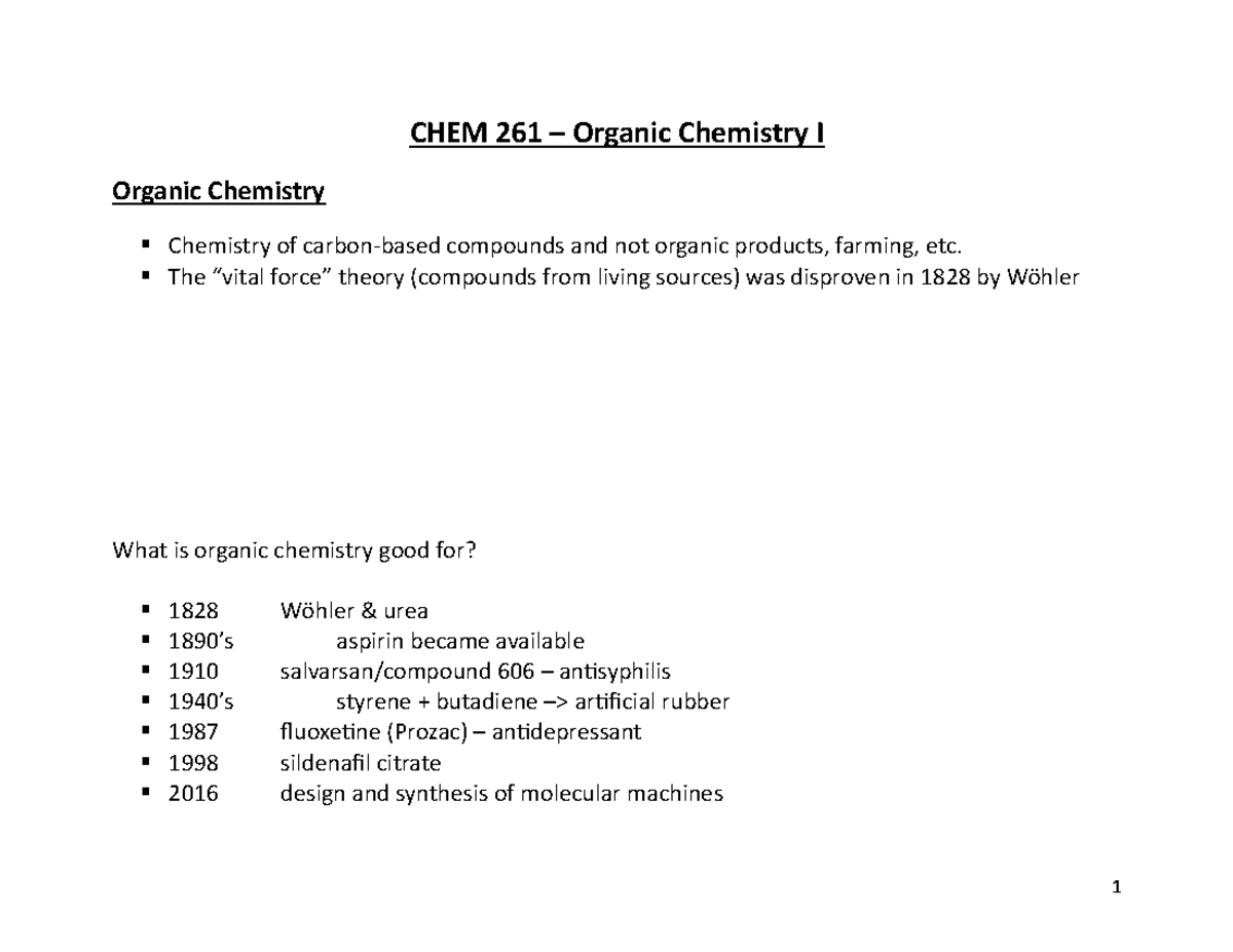 CHEM261 F23 Notes Ch1 - CHEM 26 1 – Organic Chemistry I Organic ...