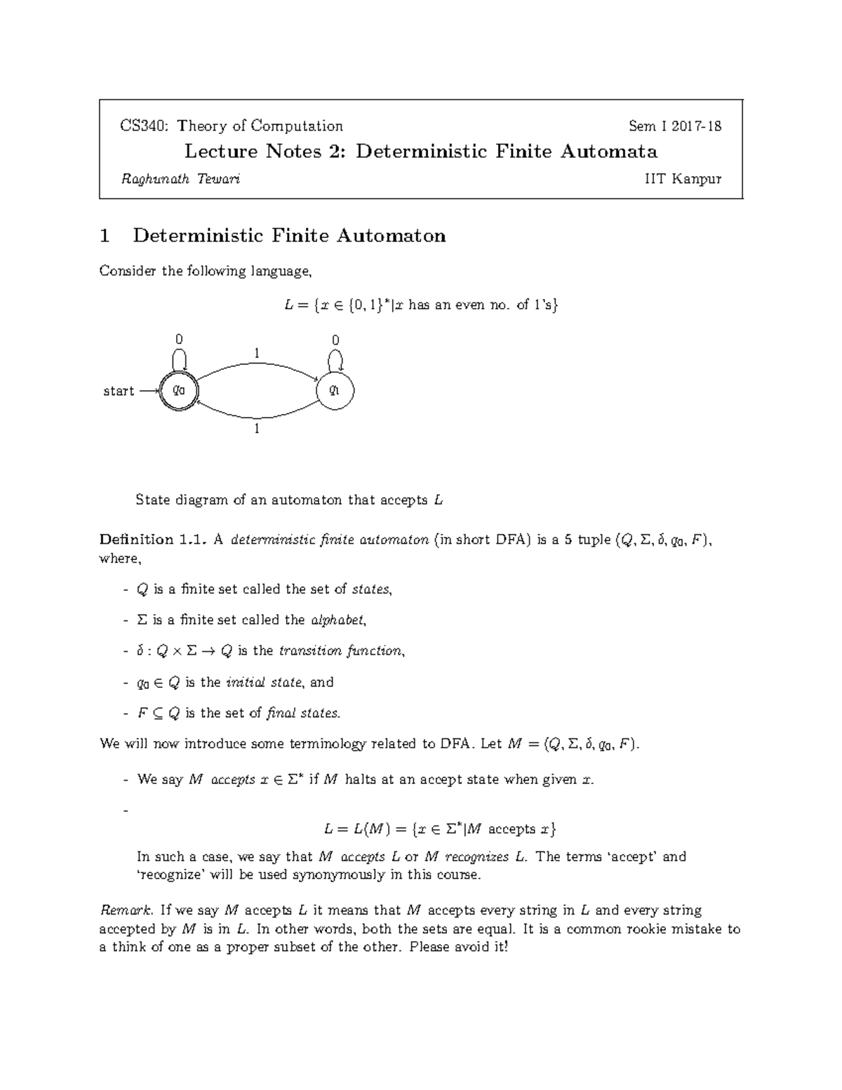 Theoty Of Computation Determinstic Finite Automaton - CS340: Theory Of ...