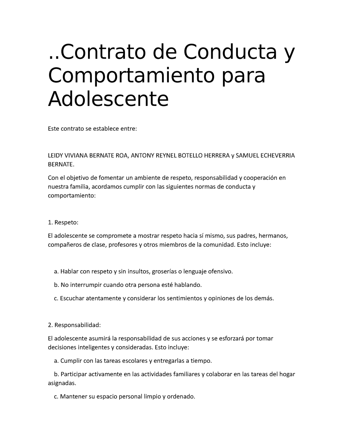 Contrato De Conducta Y Comportamiento Para Adolescente - . De Conducta 