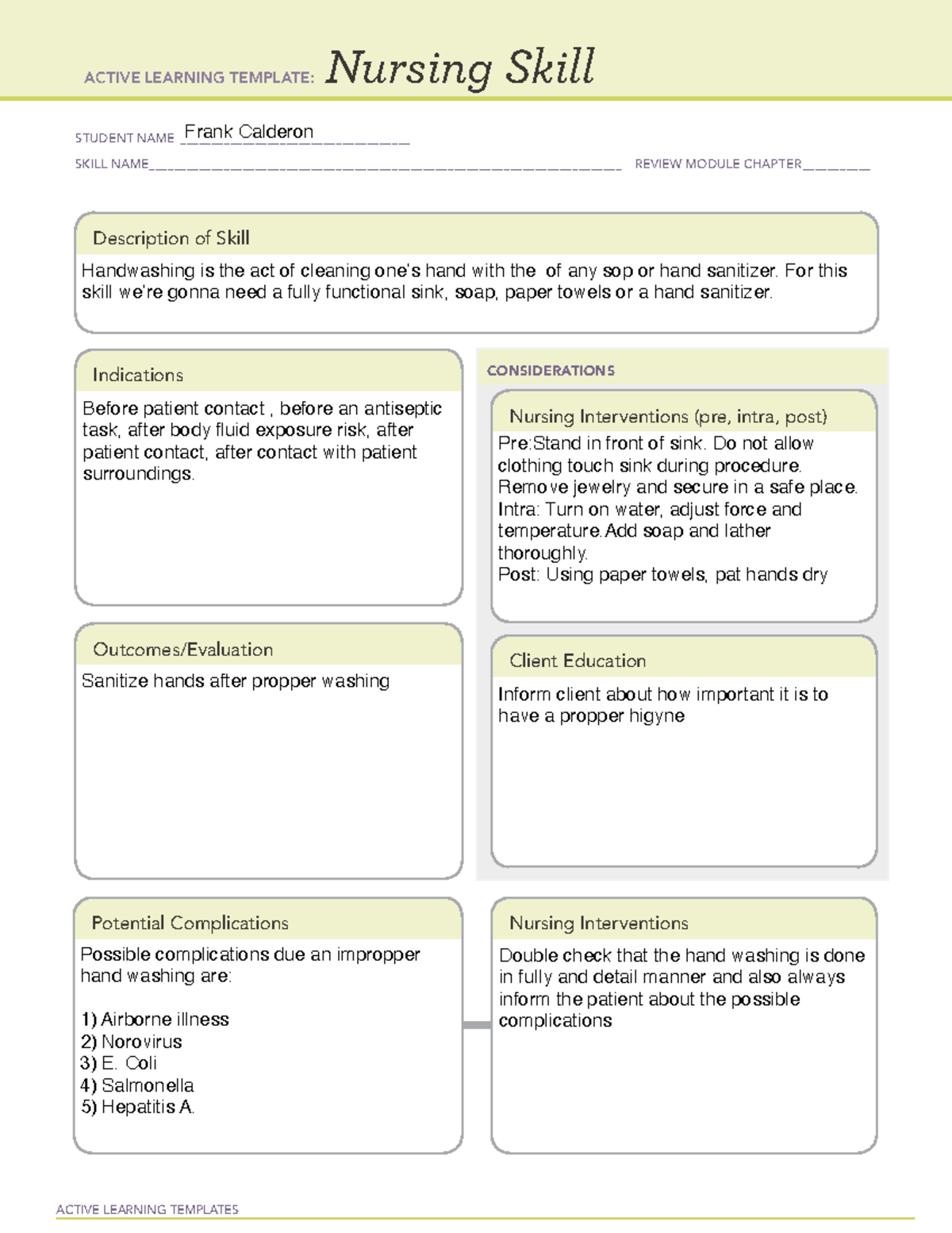 Hand washing skill - template - ACTIVE LEARNING TEMPLATES Nursing Skill ...