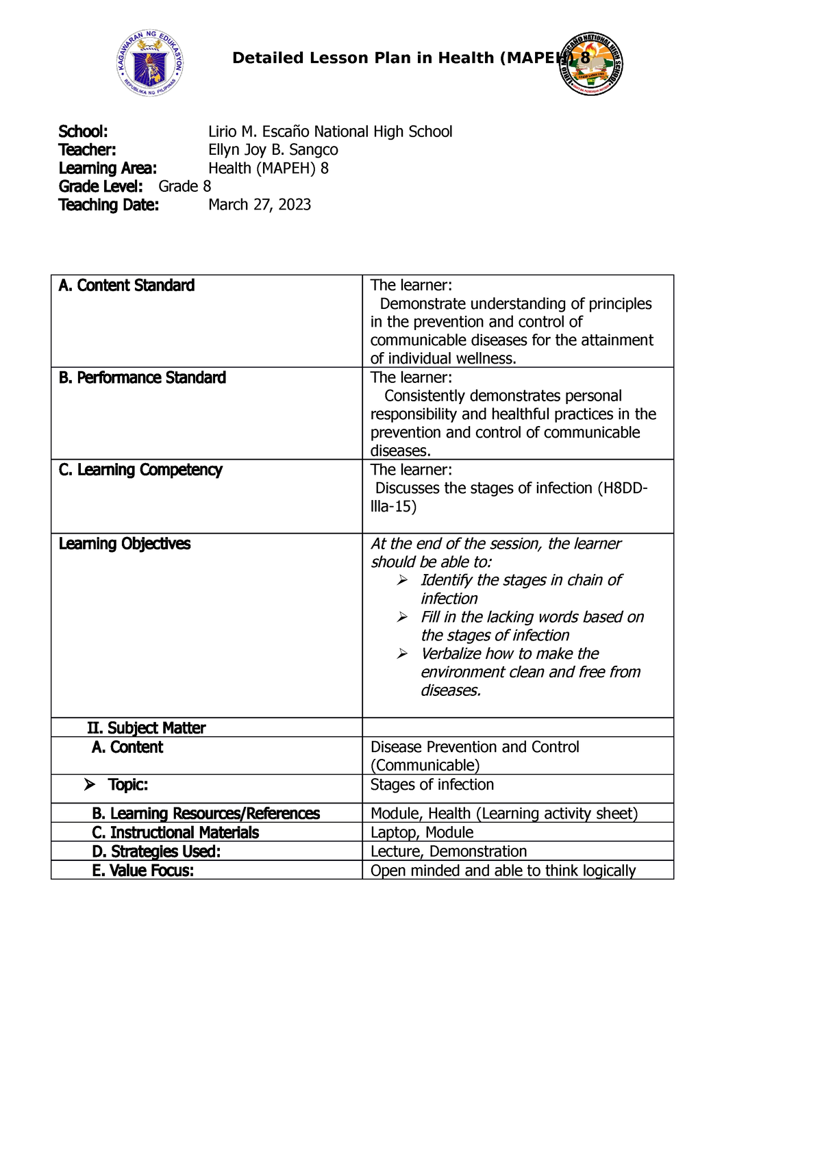 DLP in grade 8 Health q3 final - School: Lirio M. Escaño National High ...