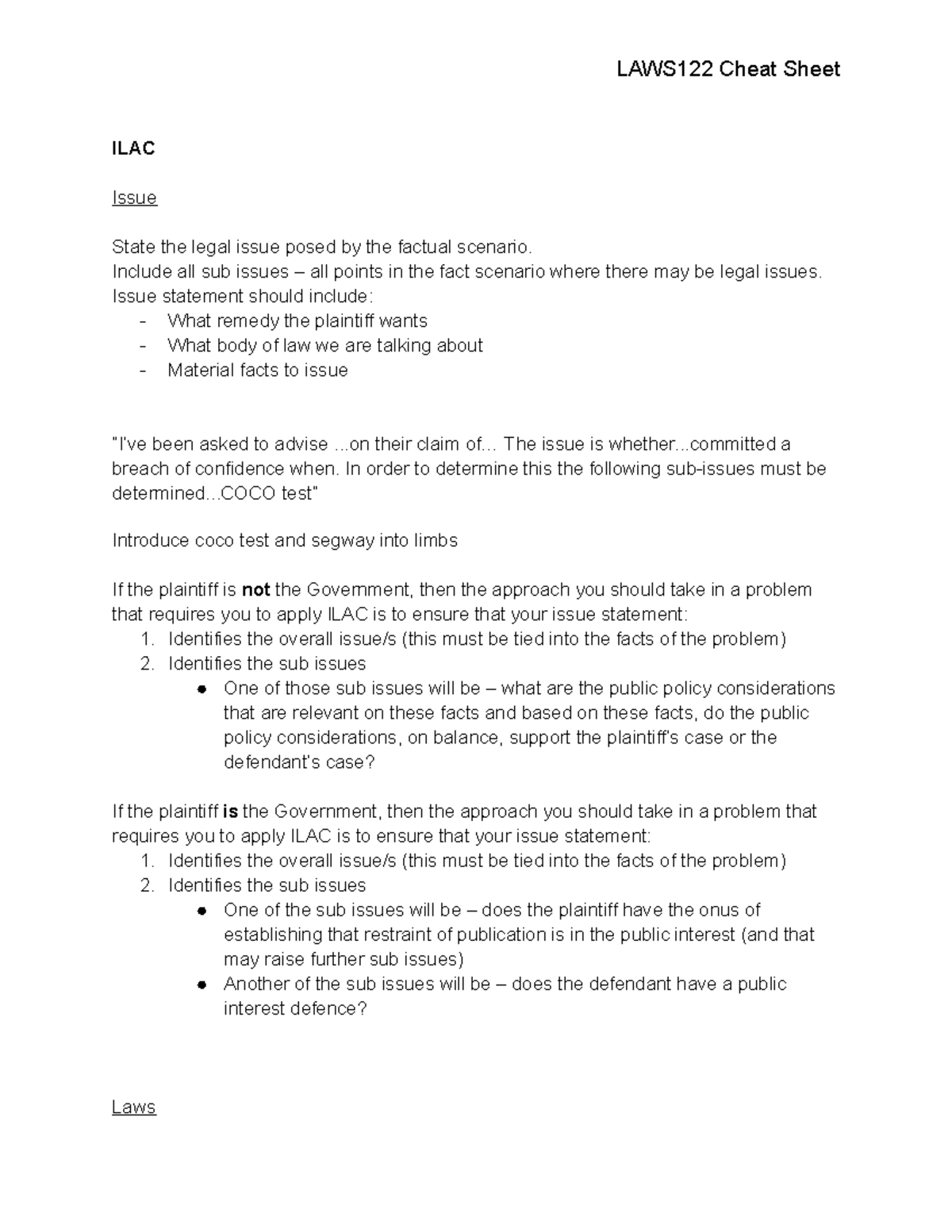 LAWS 122 cheat sheet - ILAC Issue State the legal issue posed by the ...