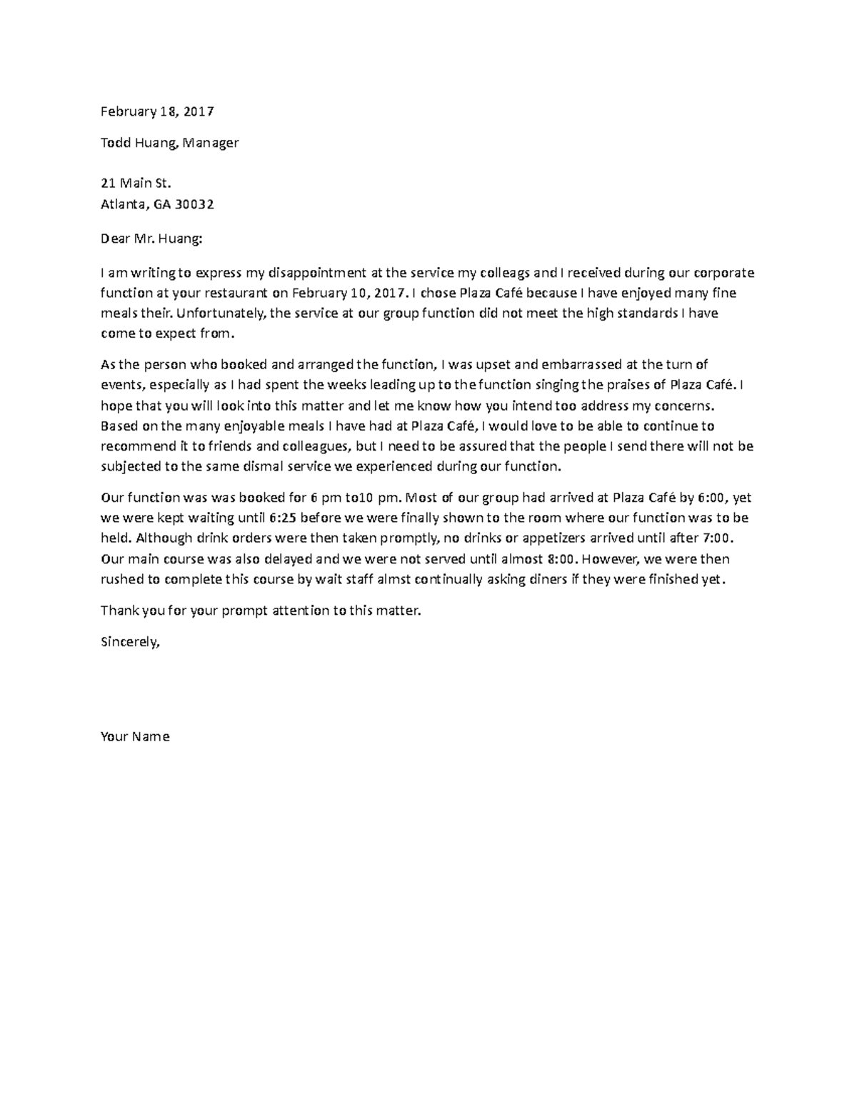 Complaint Letter - bUSINESS LAW - February 18, 2017 Todd Huang, Manager ...