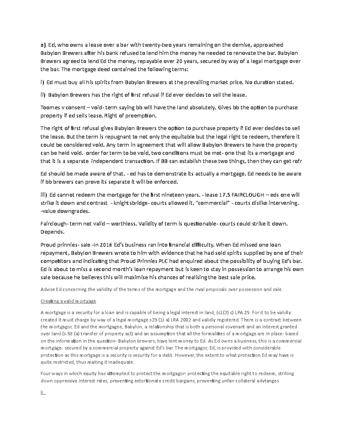 Property law ed a) Ed, who owns a lease over a bar with twentytwo