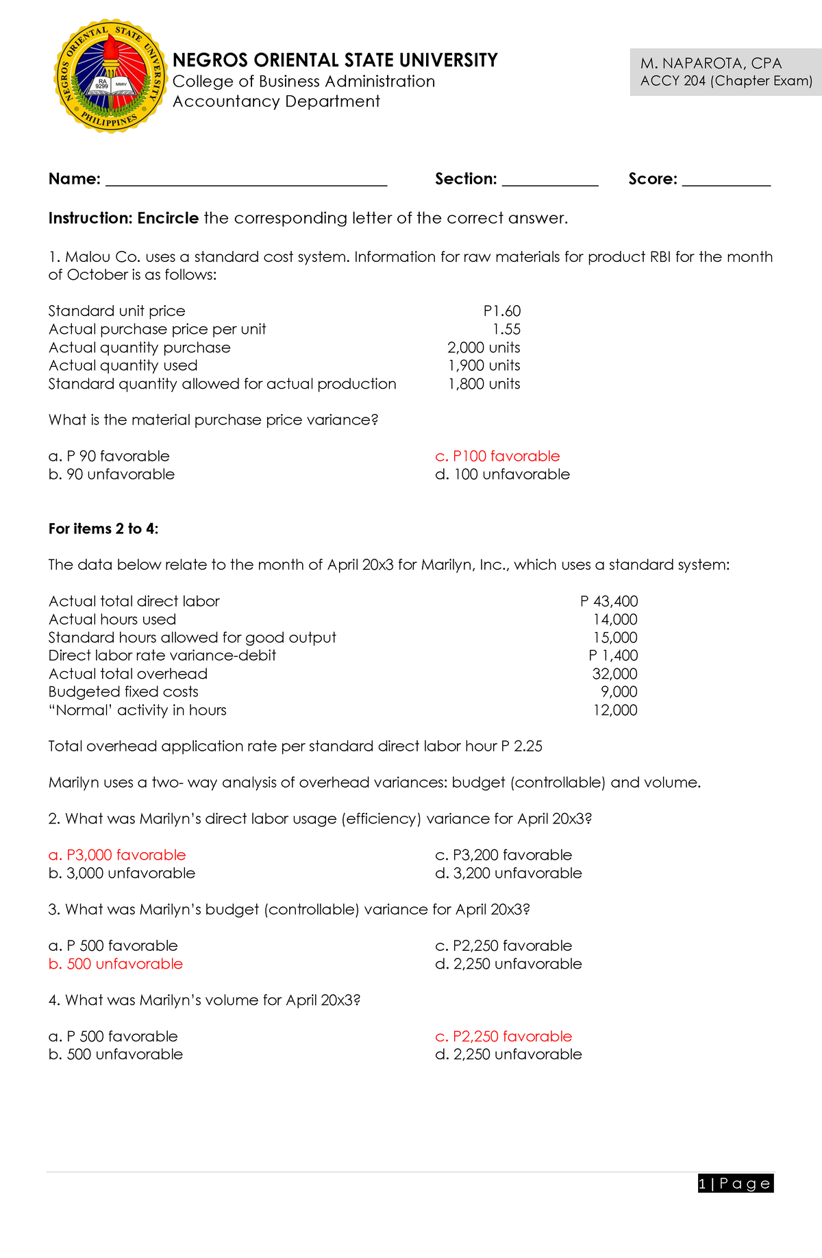 Standard Costing And Variance Analysis - College Of Business ...