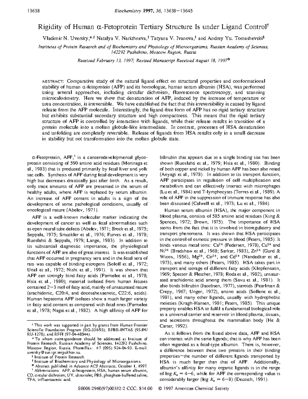 Rigidity of Human α-Fetoprotein Tertiary Structure Is under Ligand ...