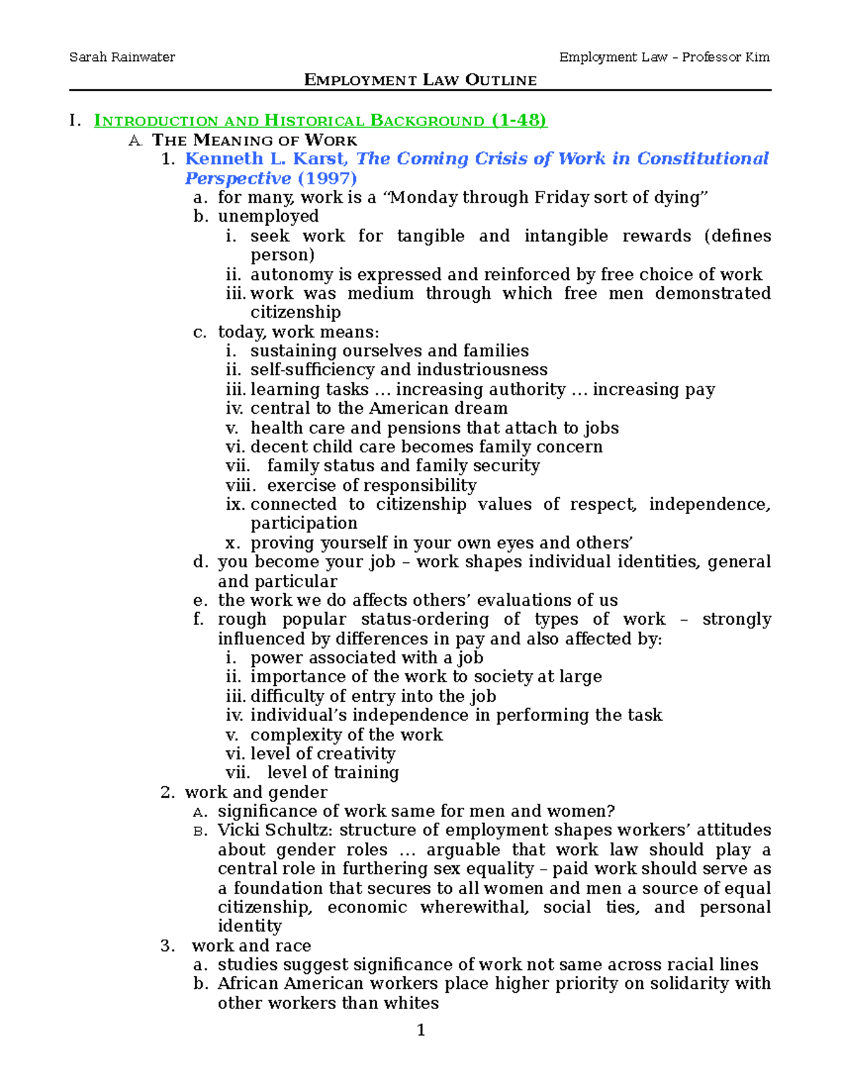 7405037 - outline - EMPLOYMENT LAW OUTLINE I. INTRODUCTION AND ...