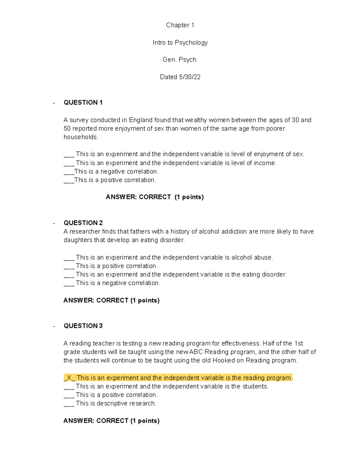 Ch. 1 Intro To Psychology - General Psychology - Homework With Answers ...