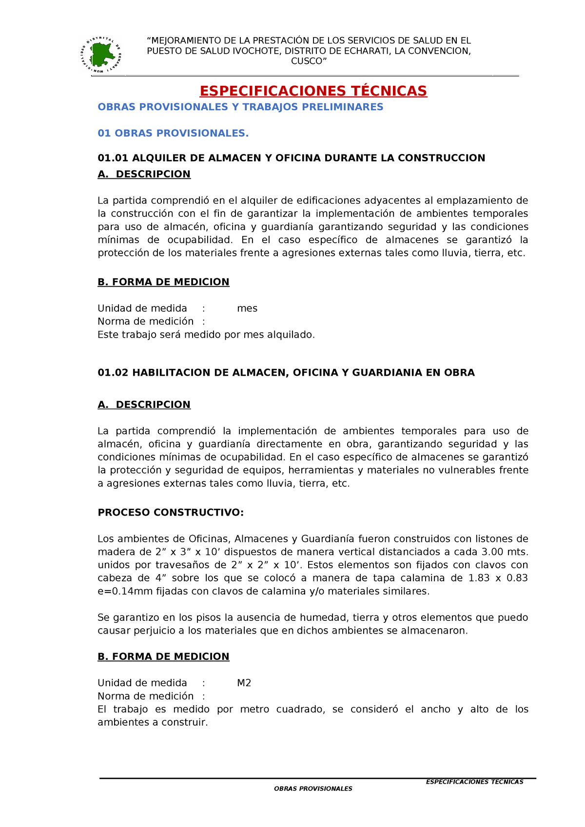 1 Especificaciones Tecnicas Obras Provisionales Okok - PUESTO DE SALUD ...