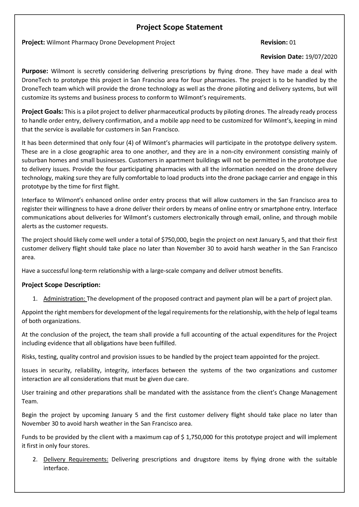 project budget based on the wilmont's pharmacy case study