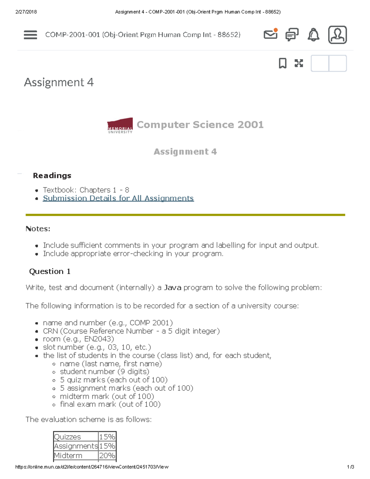 Assignment 4 - COMP-2001-001 (Obj-Orient Prgm Human Comp Int - 88652 ...
