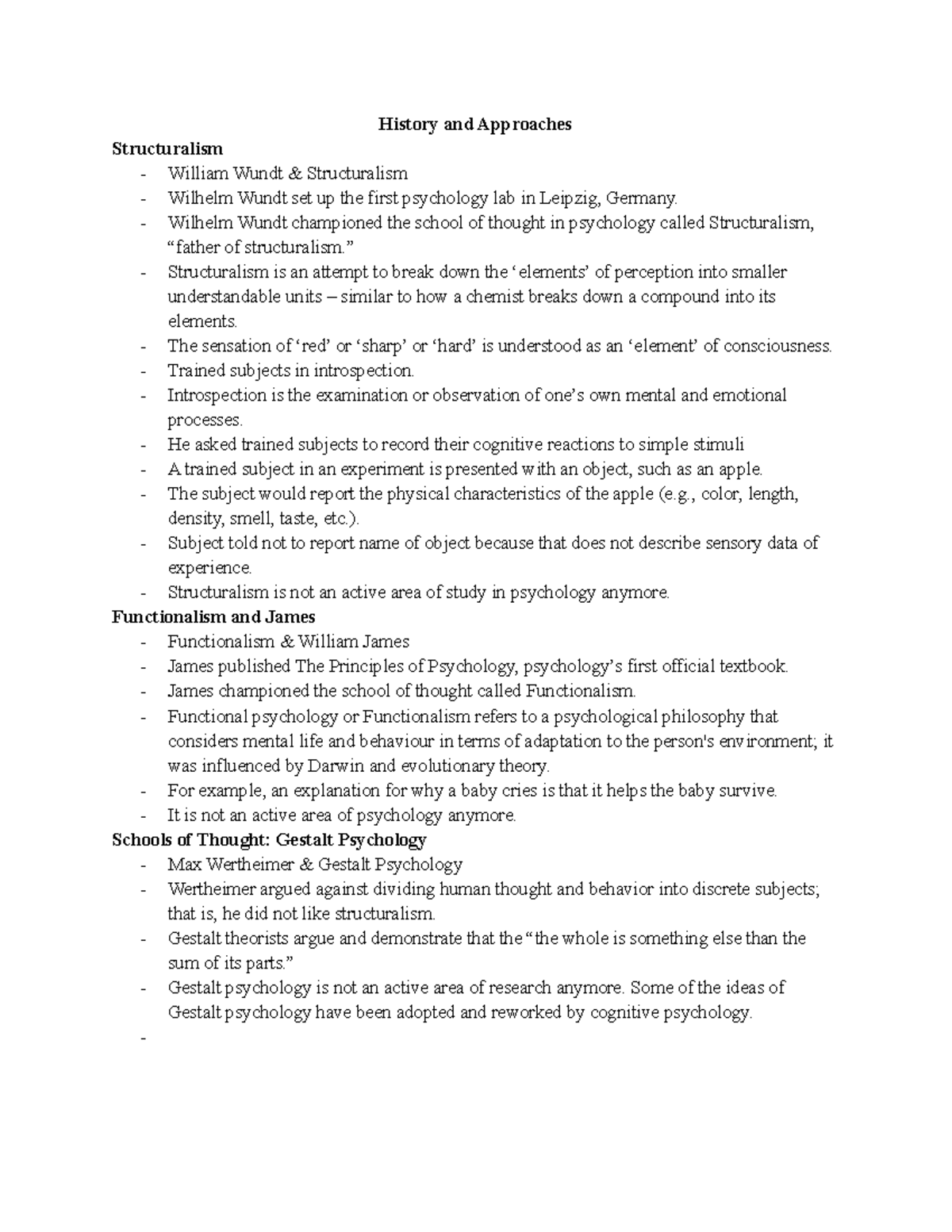 Chap 1.2 notes - History and Approaches Structuralism William Wundt ...