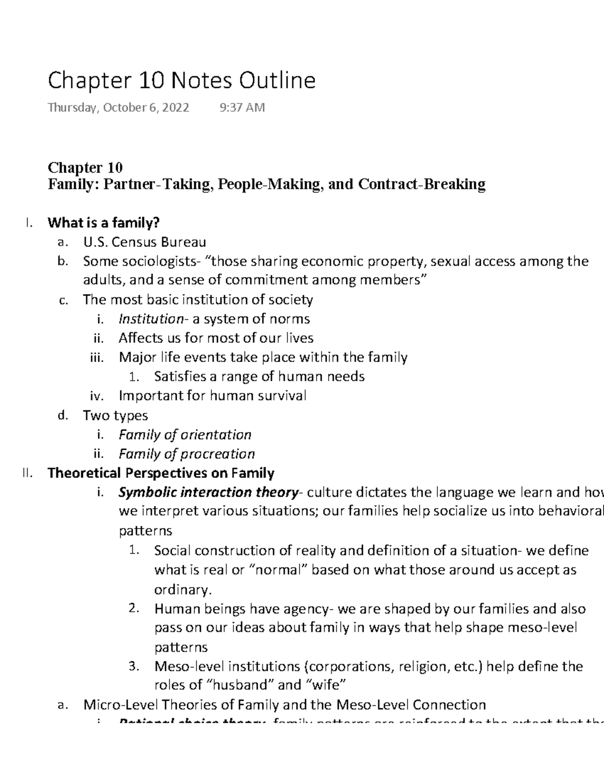 Chapter 10 Summary Outline - Chapter 10 Family: Partner-Taking, People ...