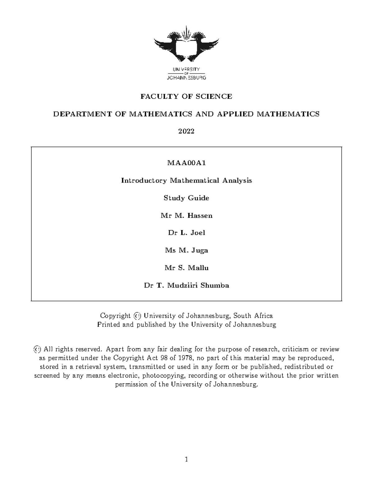 2022MAA00A1Study Guide For 2022 Semester 1 - FACULTY OF SCIENCE ...