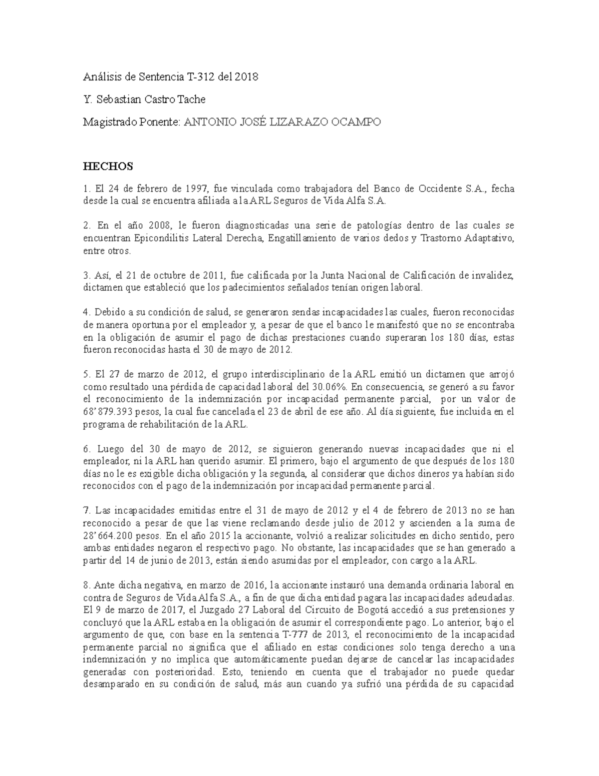 Análisis de Sentencia T-312 del 2018 - Sebastian Castro Tache