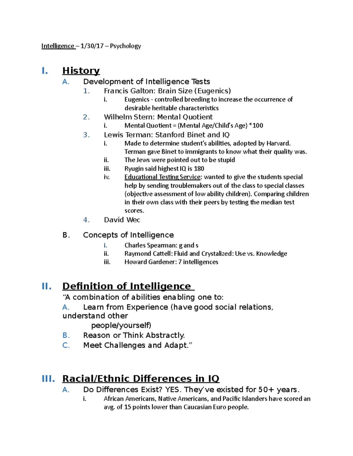 Intelligence - PSY Notes - I ntelligence – 1/30/17 – Psychology I ...