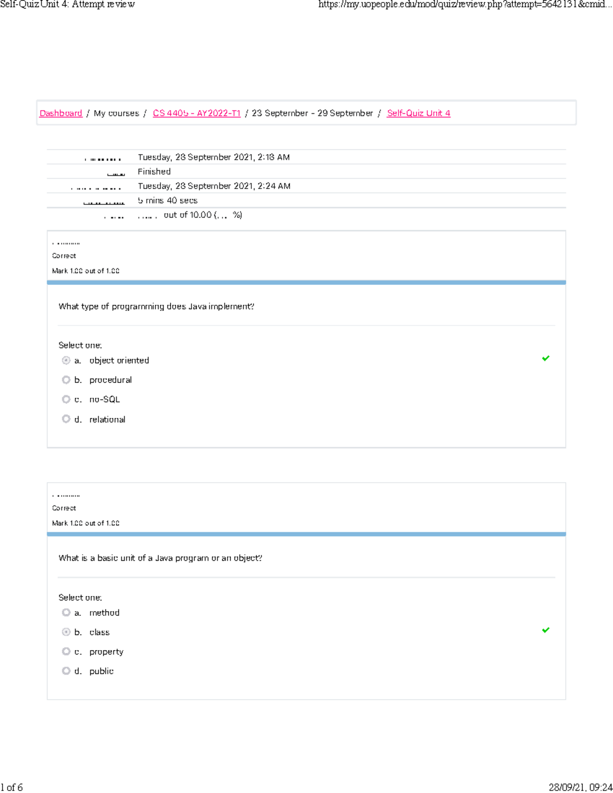 CS 4405 Self-Quiz Unit 4 Attempt Review - !"#$"%& ' Tuesday, 28 ...