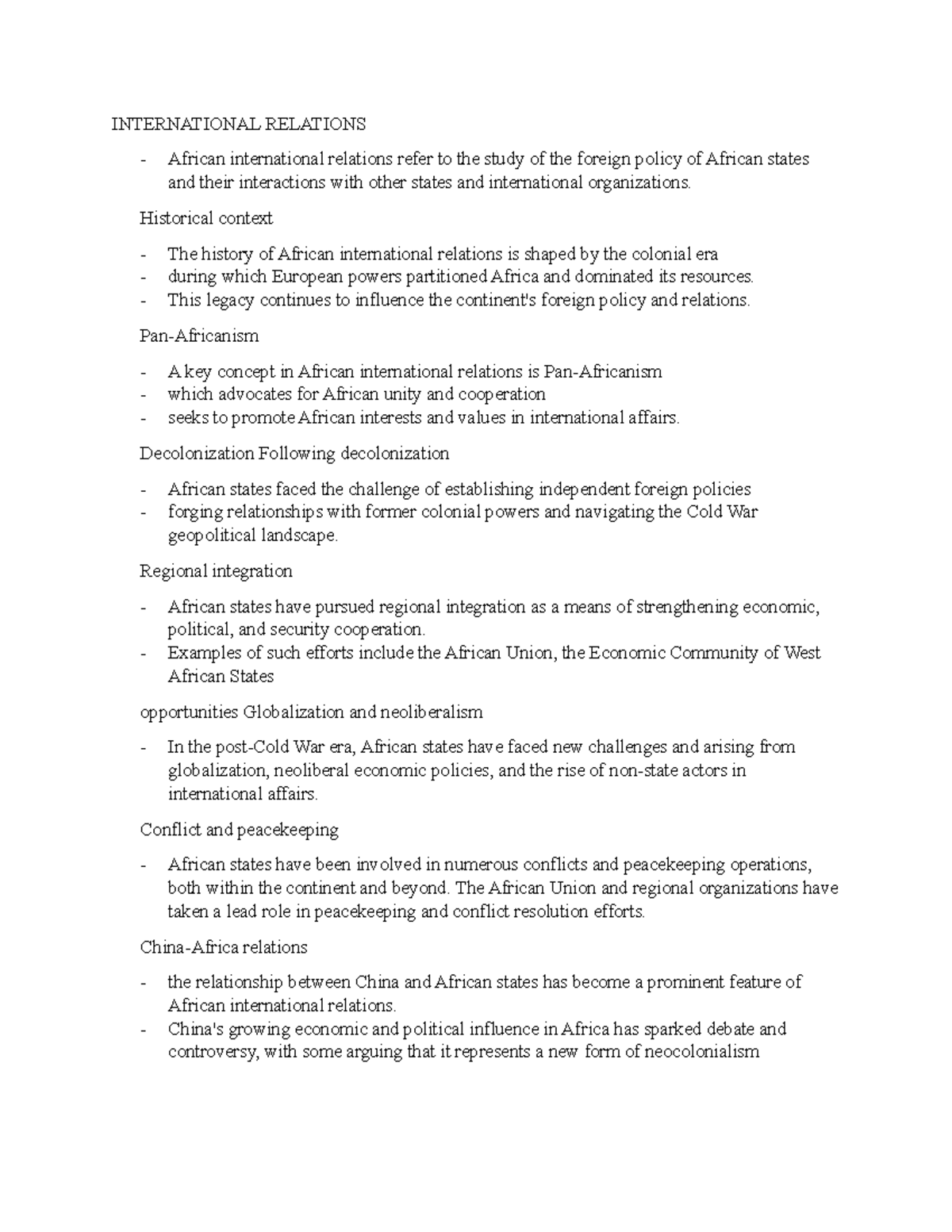 International Relations Notes 1 - INTERNATIONAL RELATIONS African ...