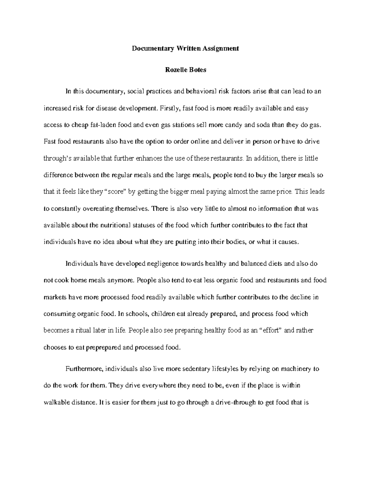 Documentary Written Assignment - Documentary Written Assignment Rozelle ...