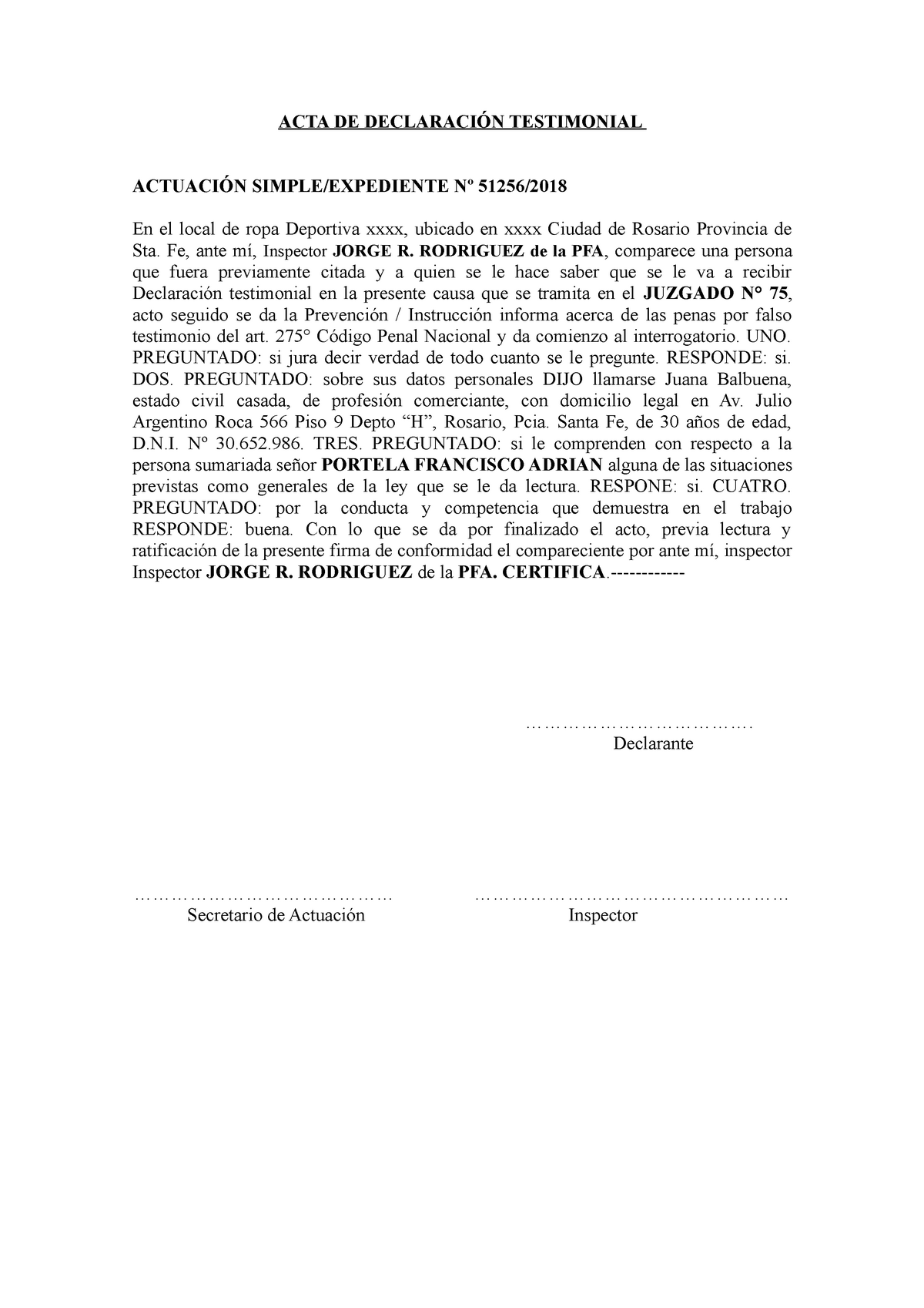 ACTA DE Declaracion Testimonial - ACTA DE DECLARACIÓN TESTIMONIAL ACTUACIÓN  SIMPLE/EXPEDIENTE Nº - Studocu