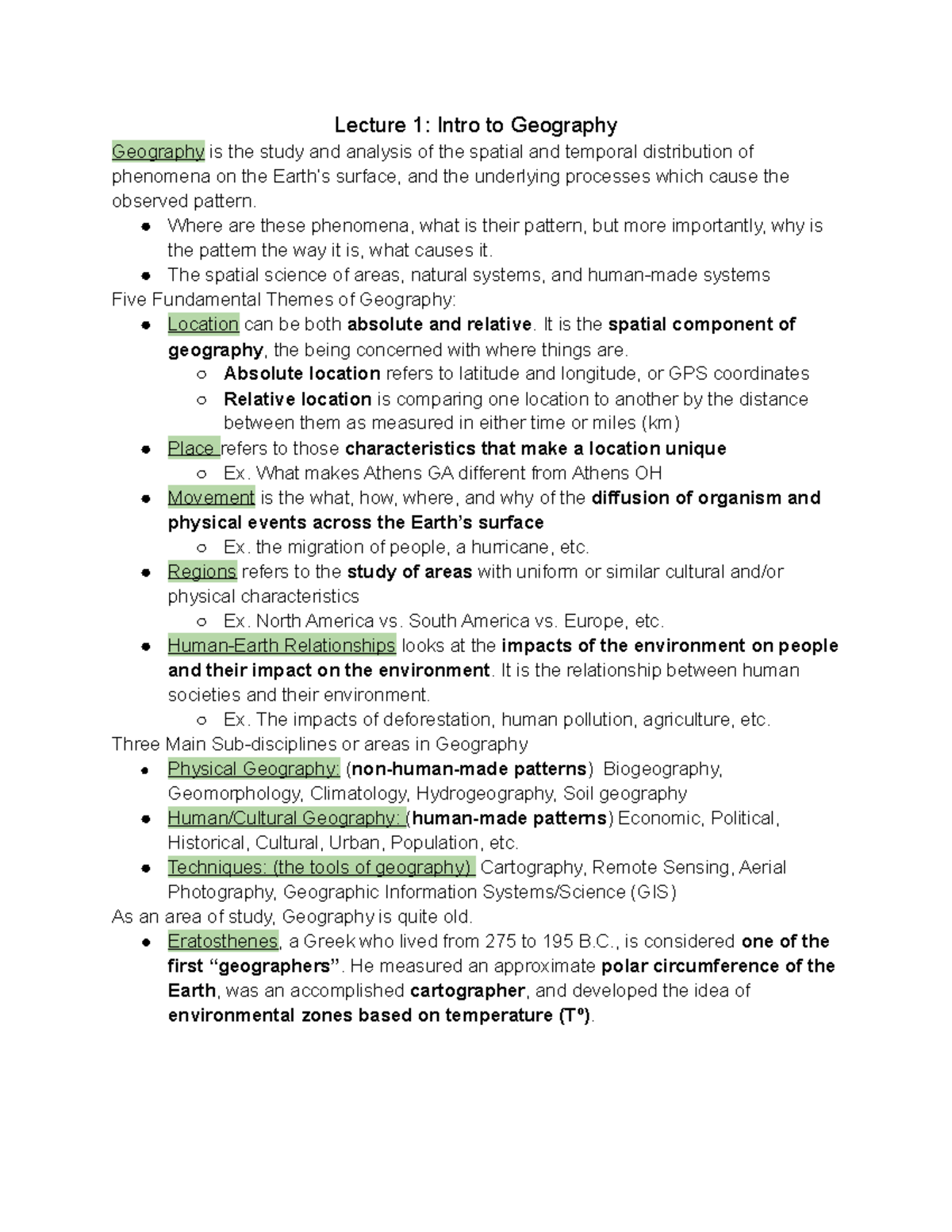 GEOG 1111 Test 1 - Test 1 Lecture Notes GEOG 1111 - Lecture 1: Intro To ...