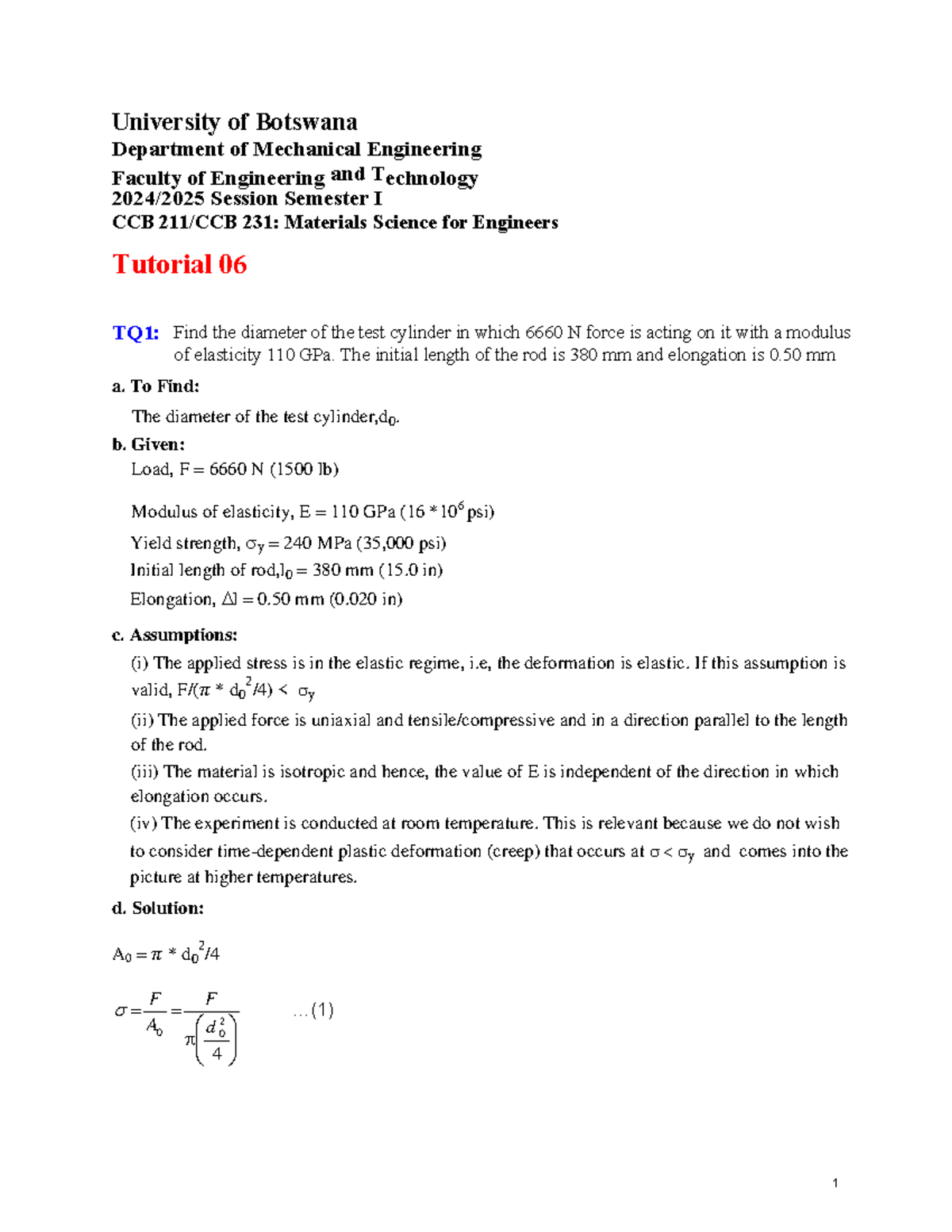 Tutorial 06 - materia0l - ####### TQ1: a. To Find: The diameter of the ...