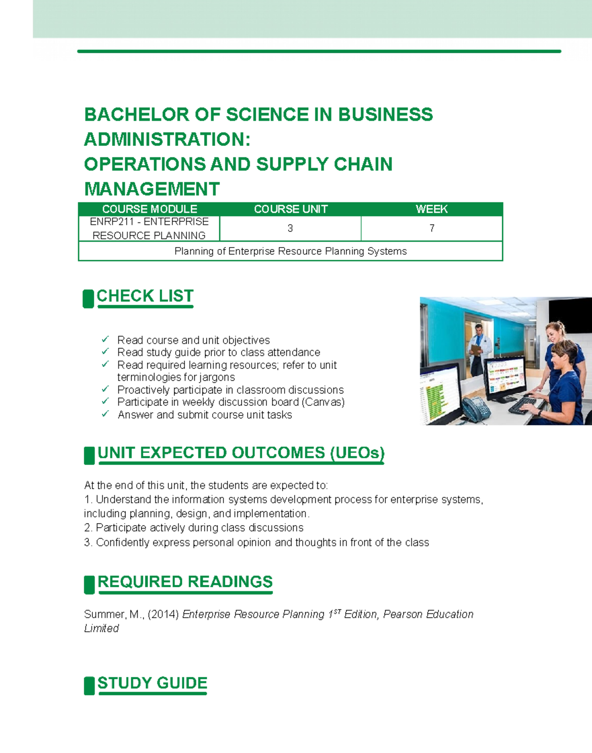 WEEK 7 Planning Of Enterprise Resource Planning Systems - BACHELOR OF ...