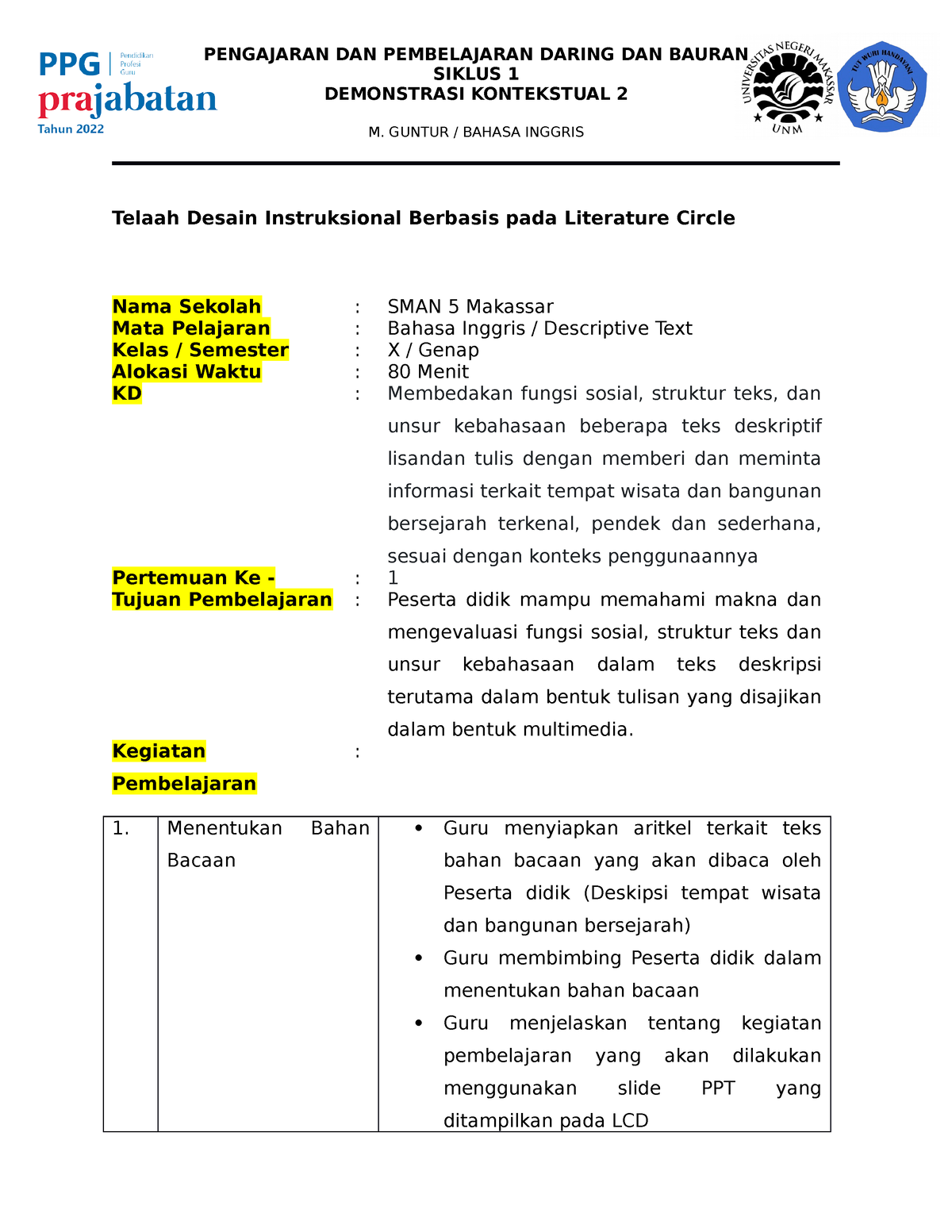 Telaah Desain Instruksional Berbasis Pada Literature Circle - SIKLUS 1 ...