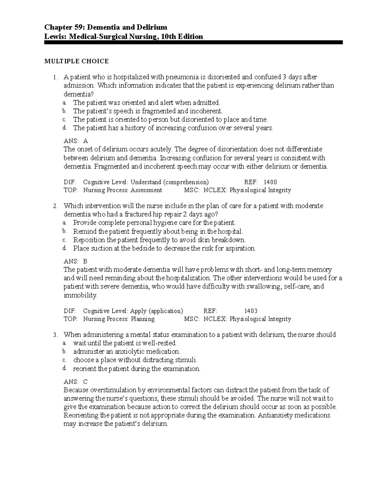 C59 - Ch 59 Test Bank - Chapter 59: Dementia And Delirium Lewis ...