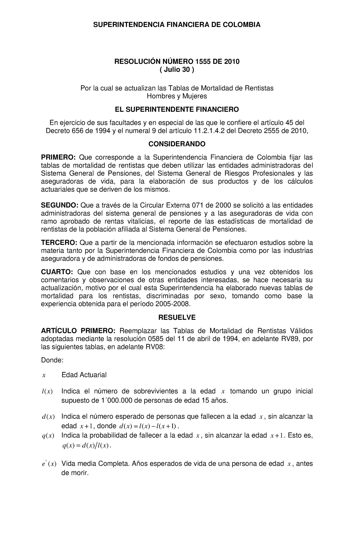 Administratrivo documento 22-08 - RESOLUCIÓN NÚMERO 1555 DE 2010 ...
