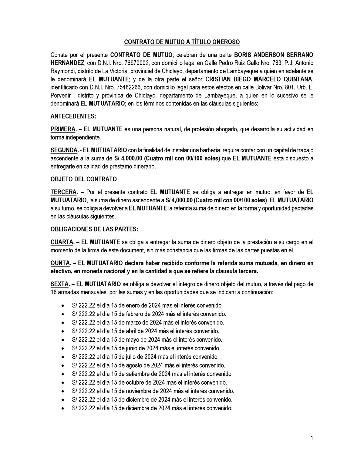 Contrato De Mutuo Cristian Marcelo 1 Contrato De Mutuo A TÍtulo Oneroso Conste Por El 7676