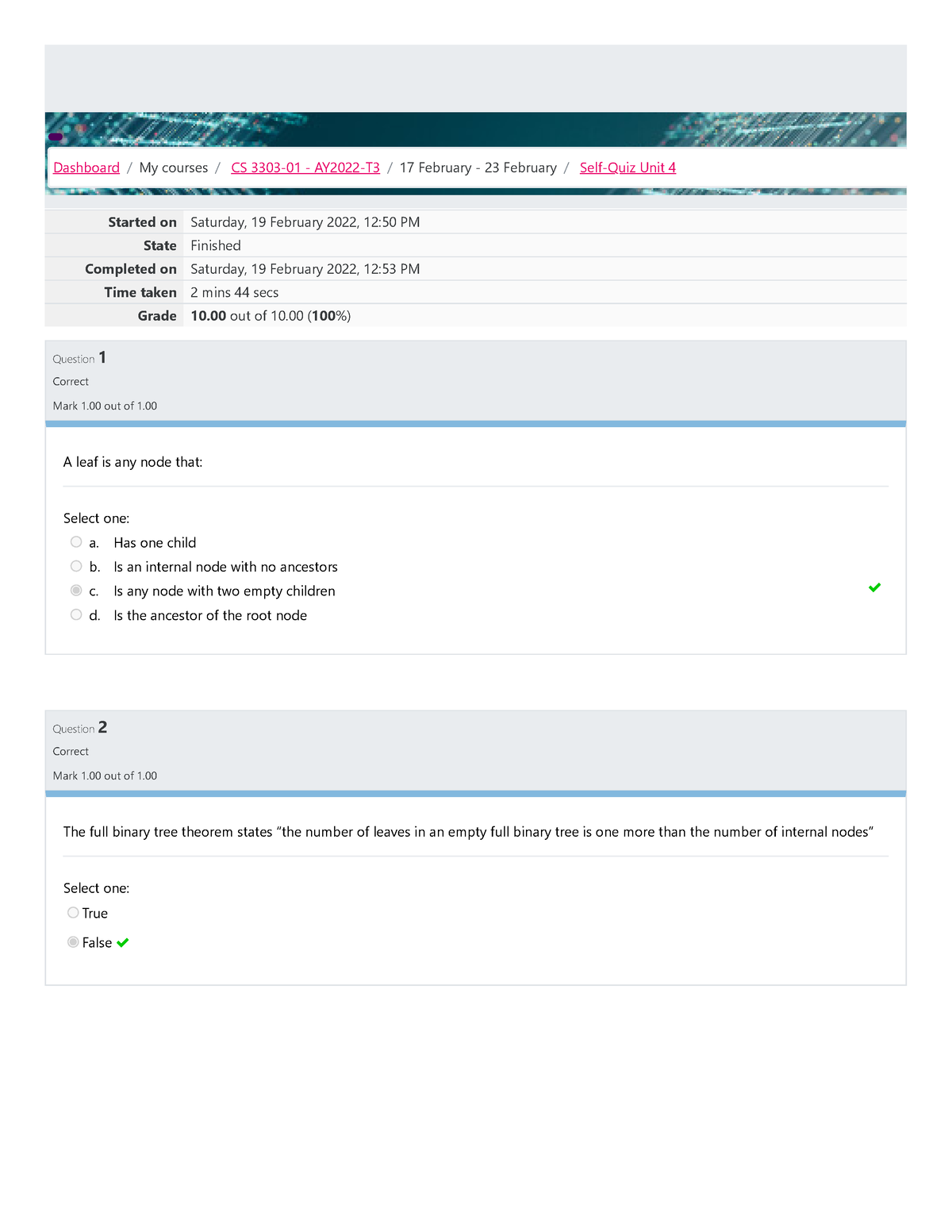 Self-Quiz Unit 4 Attempt Review - Started On Saturday, 19 February 2022 ...