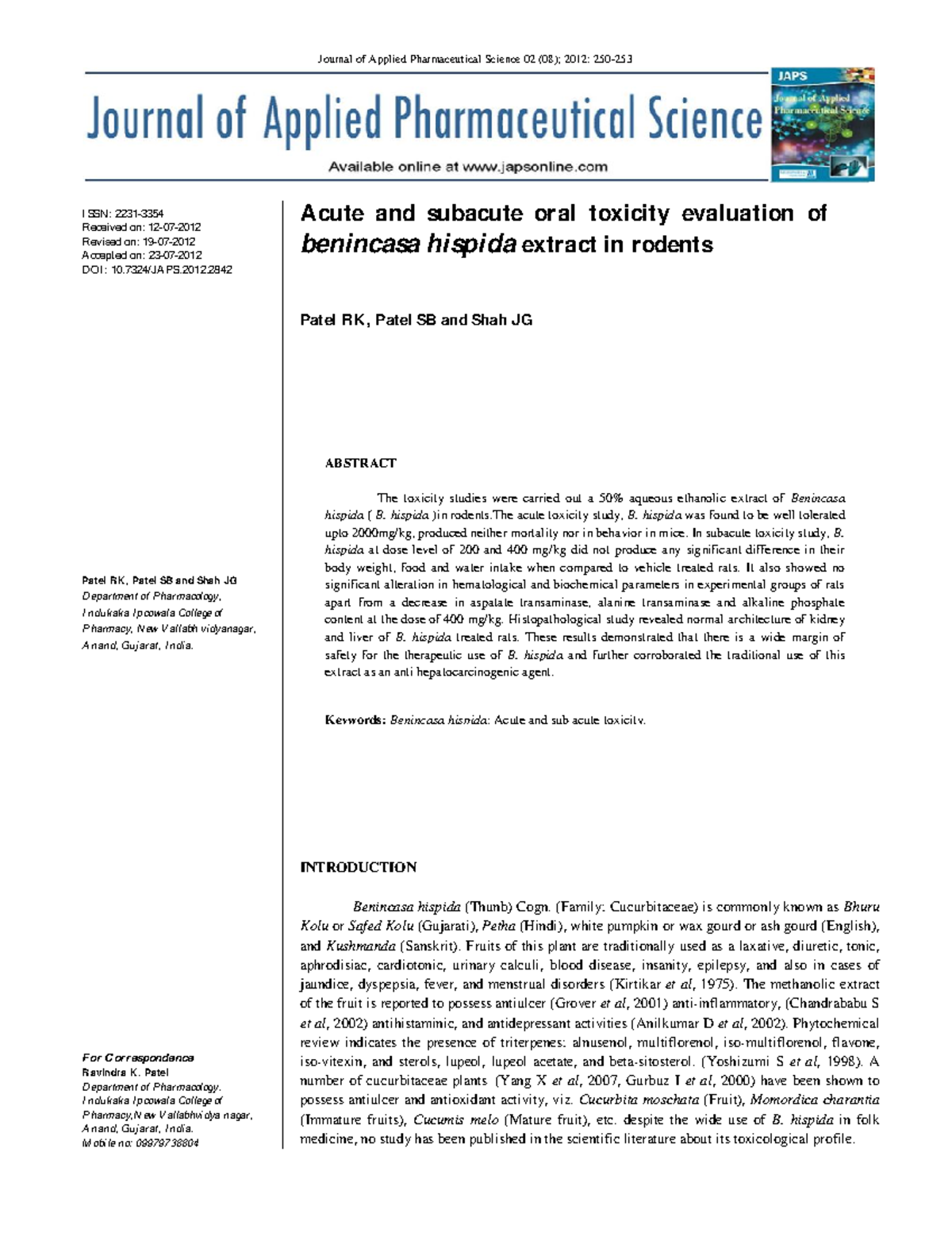 Toxicity - NOTES - Journal Of Applied Pharmaceutical Science 02 2012 ...