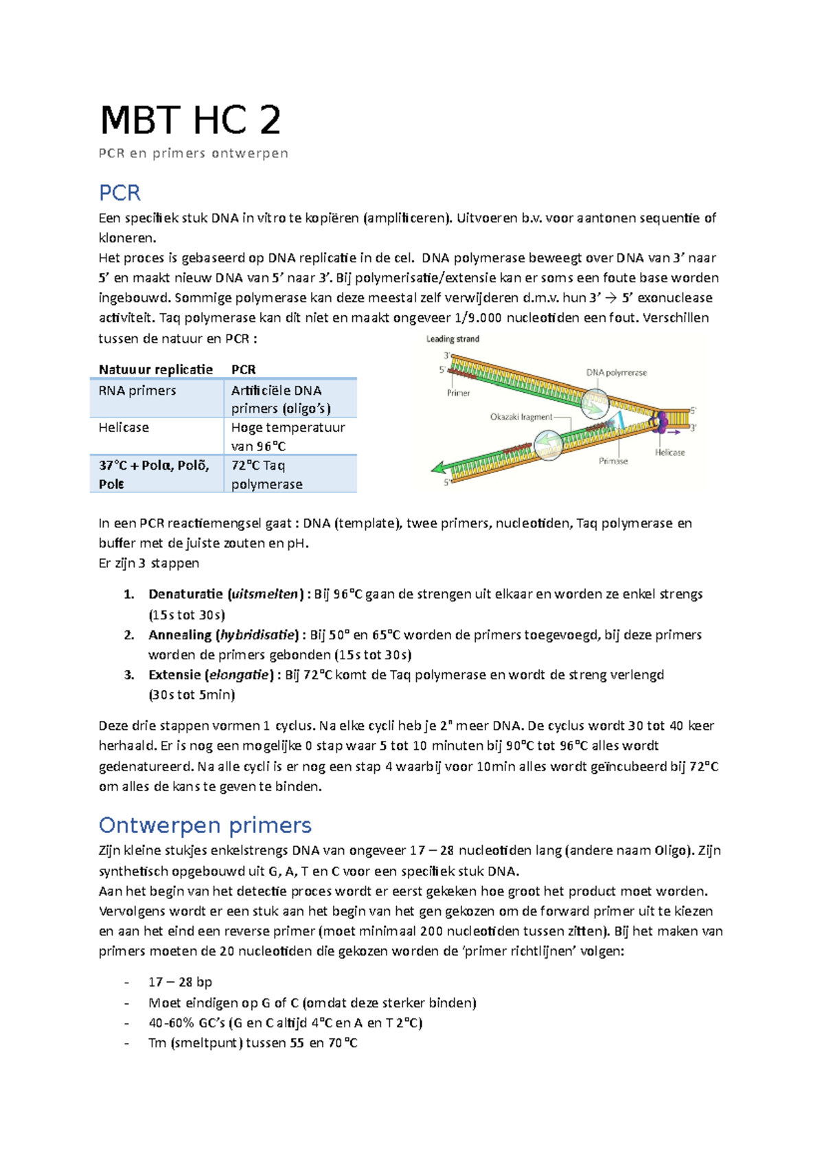 MBT HC 2 - College-aantekeningen 2 - MBT HC 2 PCR En Primers Ontwerpen ...