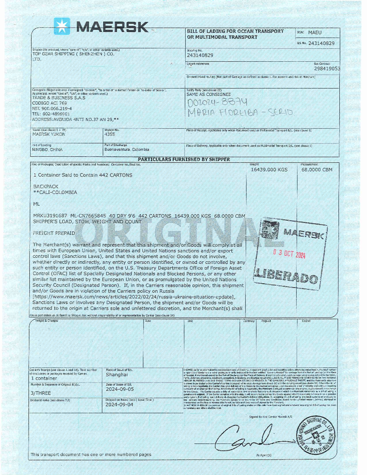 MBL Liberado (8) (29) - MAERSK BILL OF LADING FOR OCEAN TRANSPORT SCAC ...