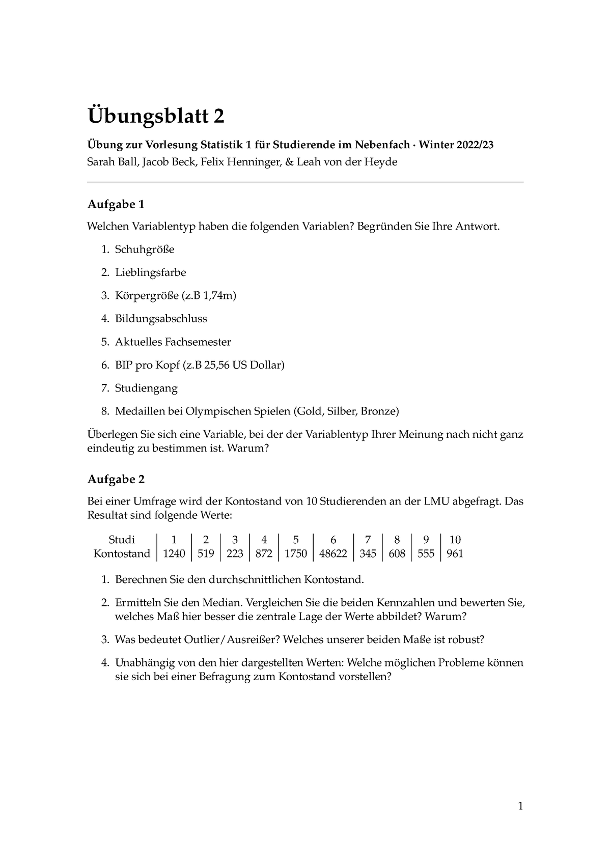 Statistik Übungsblatt 2 - Übungsblatt 2 Übung Zur Vorlesung Statistik 1 ...