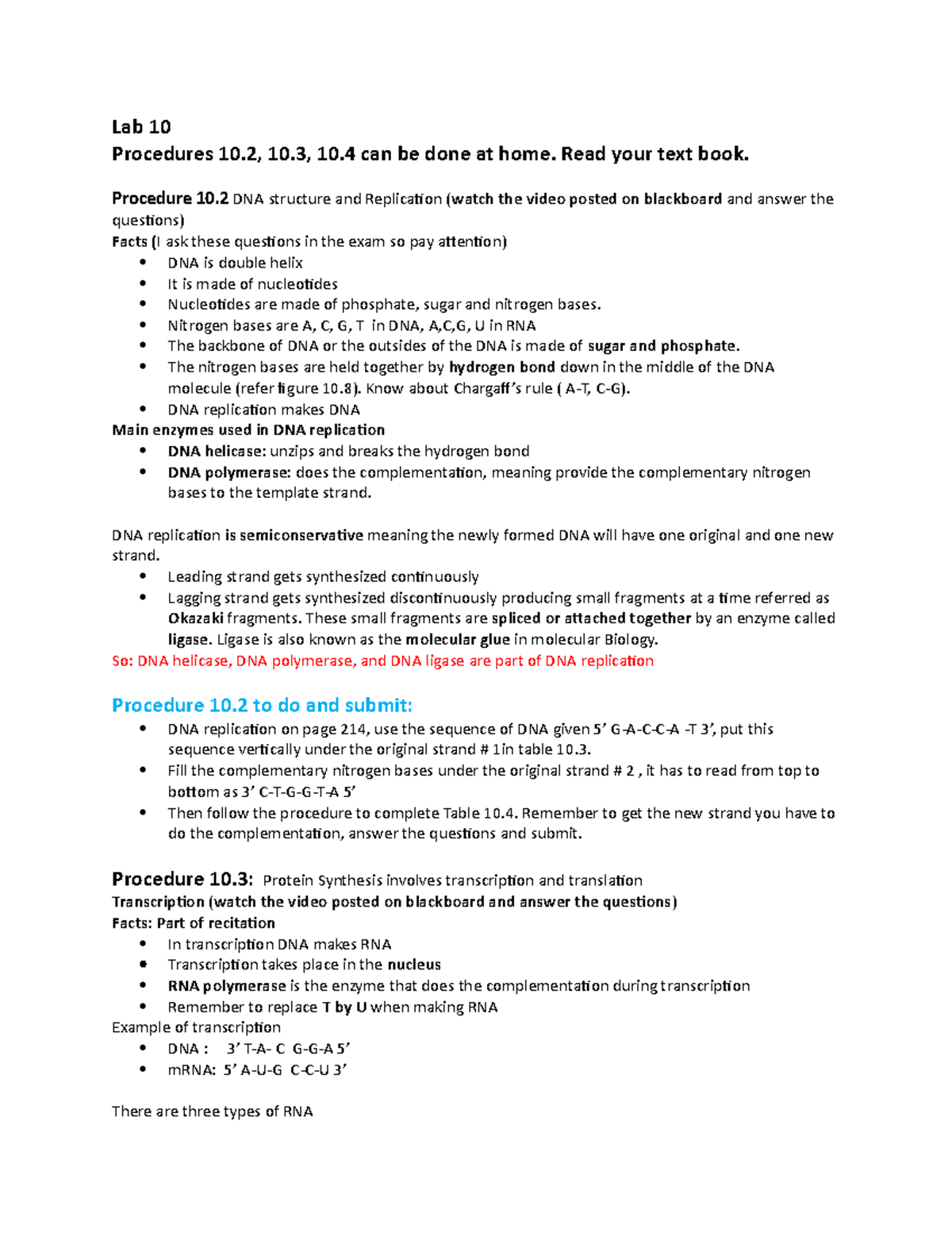 BIO 1113 Lab10 Procedure 10 24 Lab 10 Procedures 10, 10, 10 can be