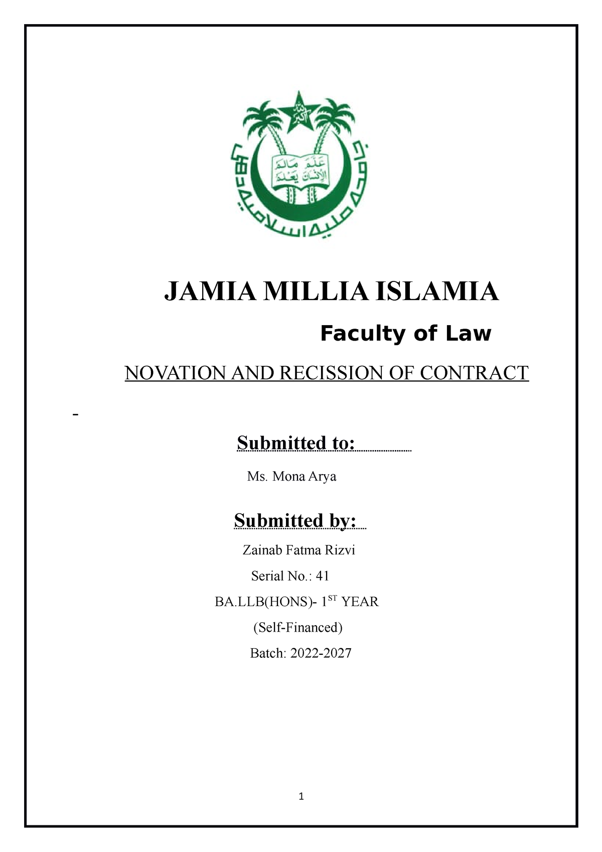 Contract Project - JAMIA MILLIA ISLAMIA Faculty Of Law NOVATION AND ...