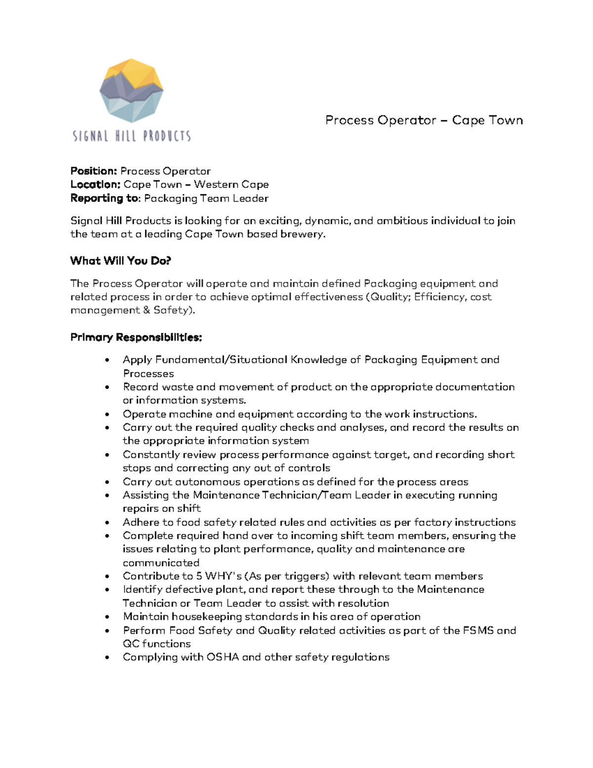 Process Operator - Food - Process Operator – Cape Town Position ...