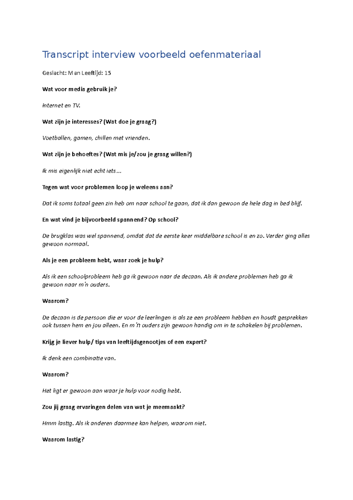 Transcript Interview Voorbeeld Oefenmateriaal - Transcript Interview ...