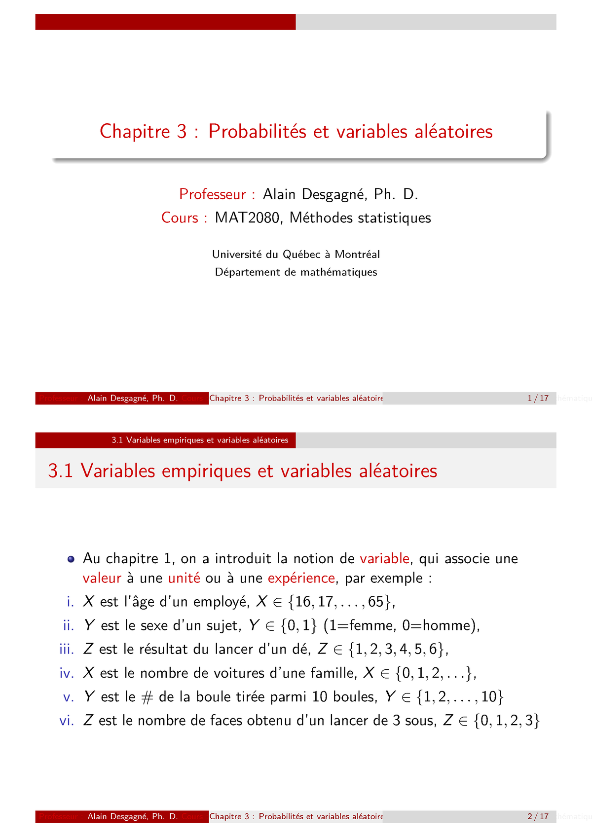 Chapitre 3 MAT2080 E - Chapitre 3 : Probabilit ́es Et Variables Al ...