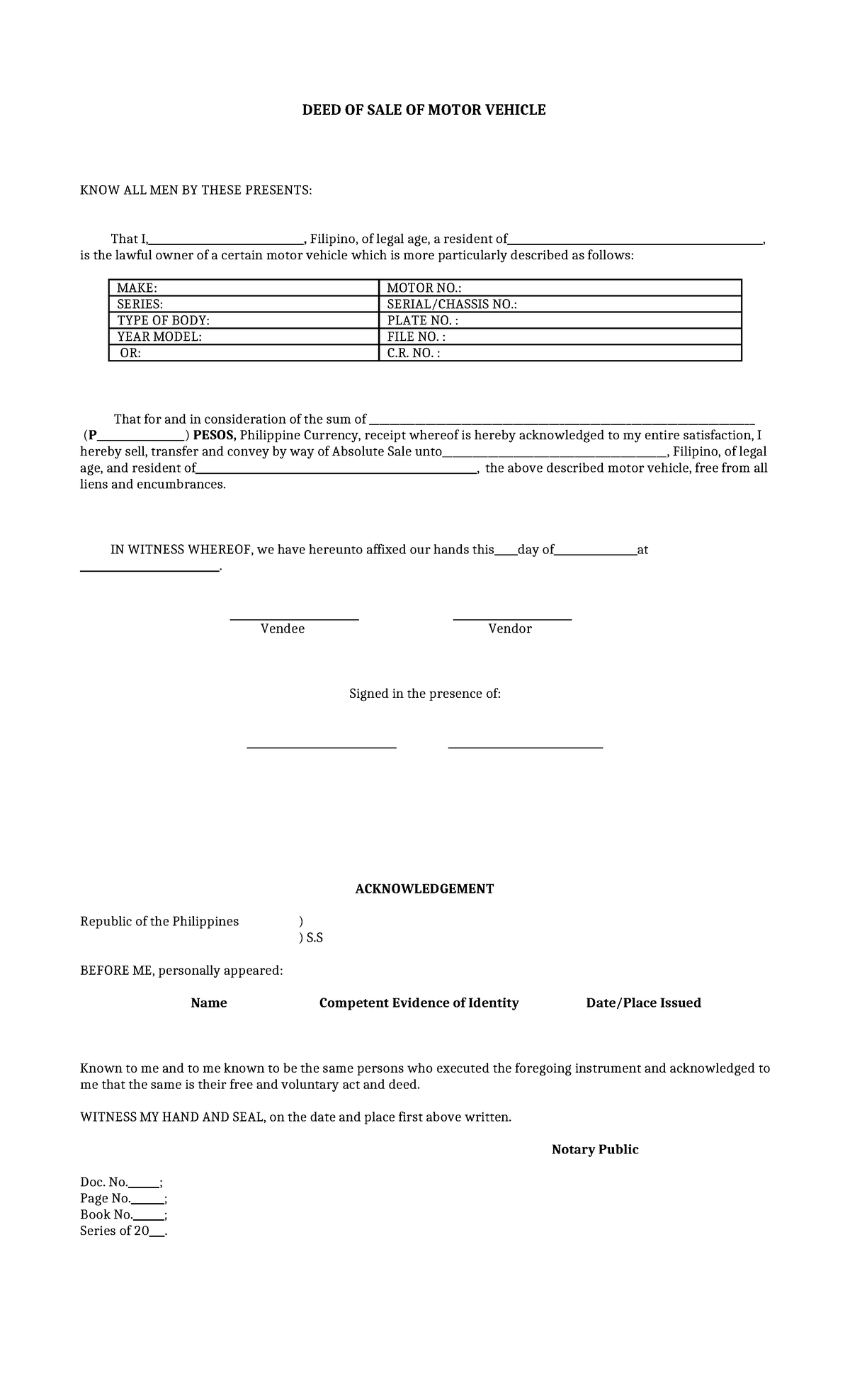 Main Deed-sale-motor-vehicle-form-philippines - Deed Of Sale Of Motor 