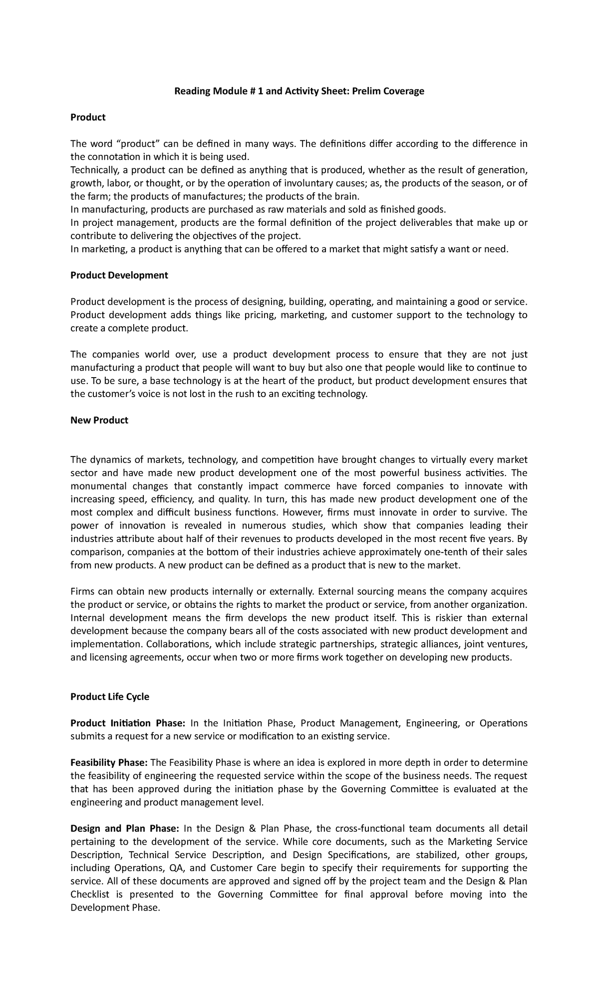 Module 1 and Answer Sheet Product Management copy - Reading Module # 1 ...