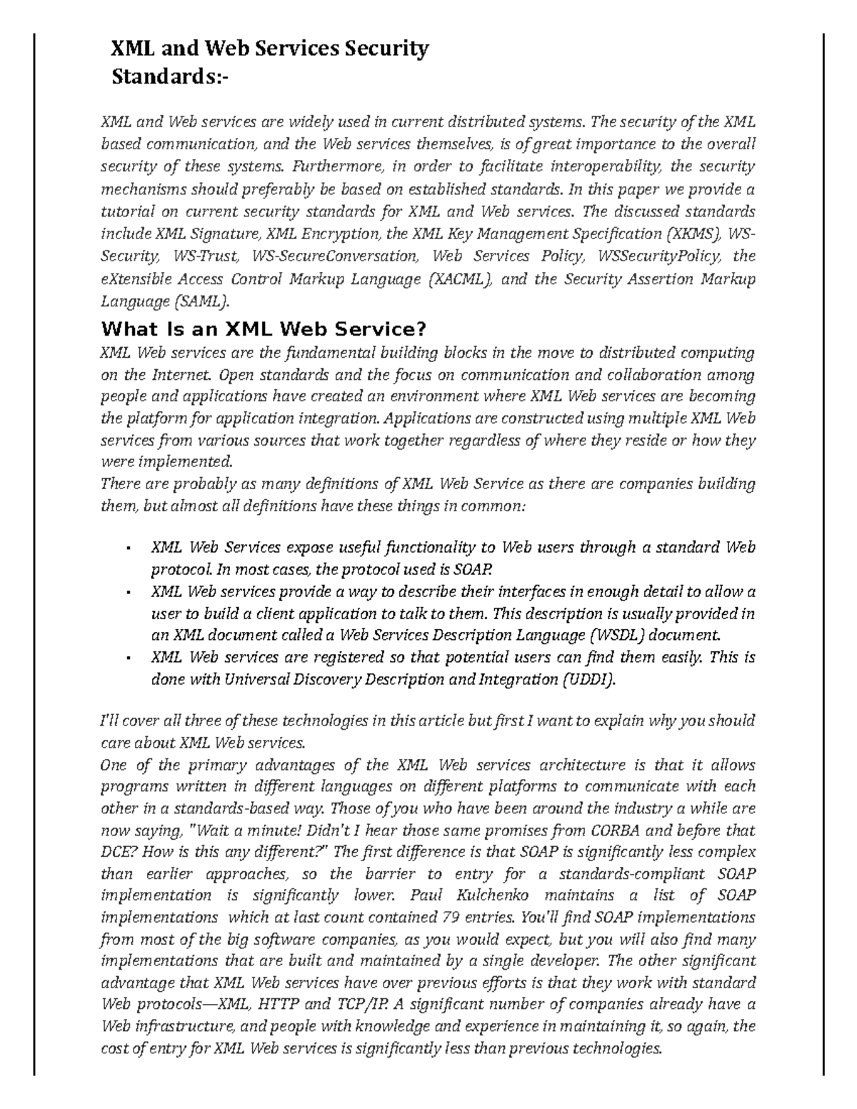 XML and  Services Security Standards XML and  Services Security