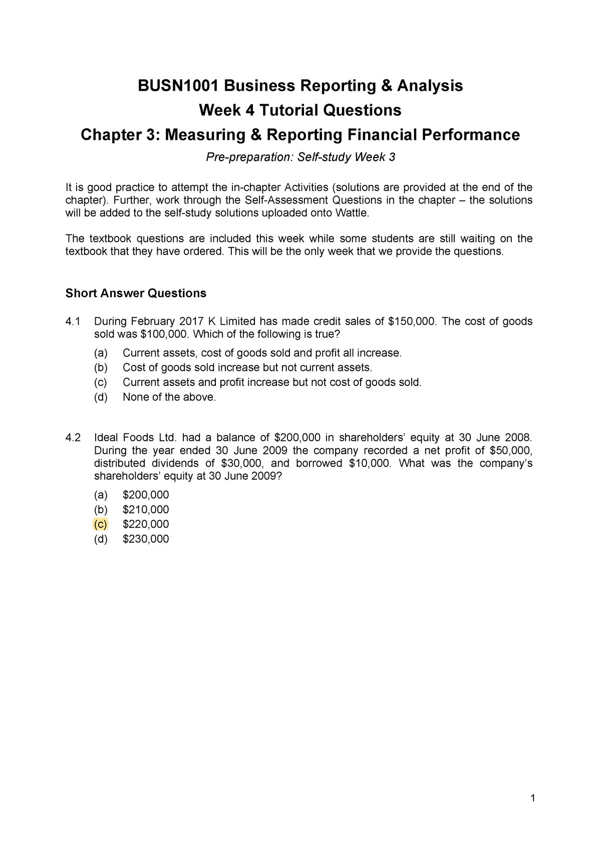 Week 4 Tutorial Questions - BUSN1001 Business Reporting Analysis Week 4 ...